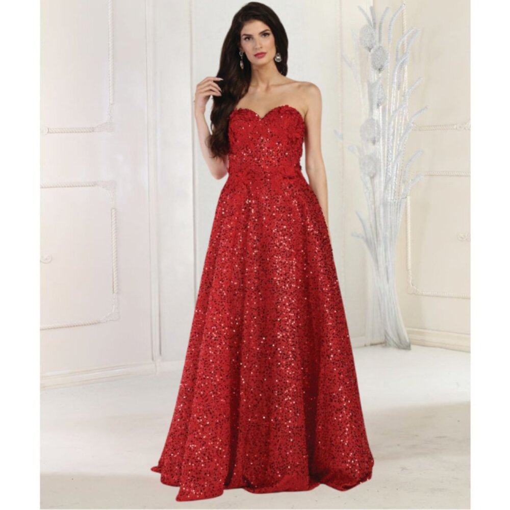 Red Pageant Long Sweetheart Strapless A-Line Dress By Royal Queen RQ8025